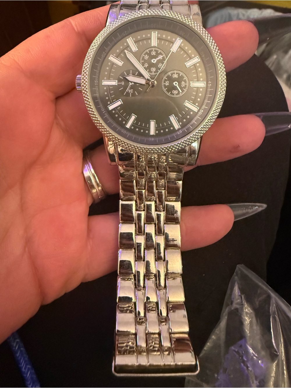 Men's Silver Stainless Steel Bracelet Watch - Black Dial